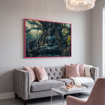 Buddha Statue Among Ancient Roots Canvas in pink floating frame