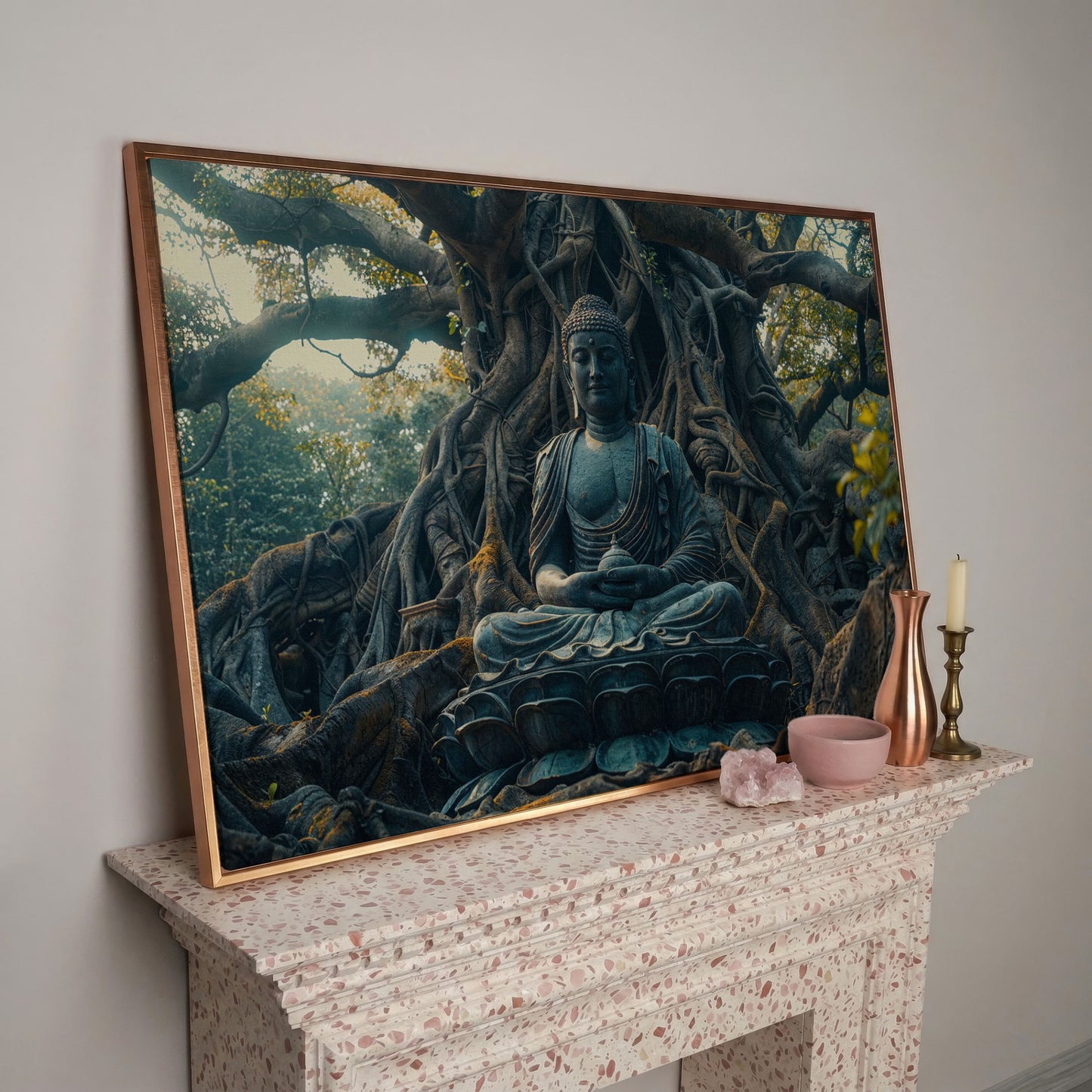 Buddha Statue Among Ancient Roots Canvas in rose gold floating frame