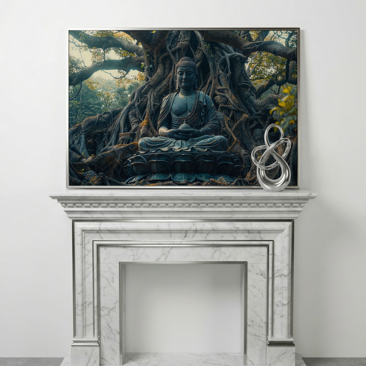 Buddha Statue Among Ancient Roots Canvas in silver floating frame