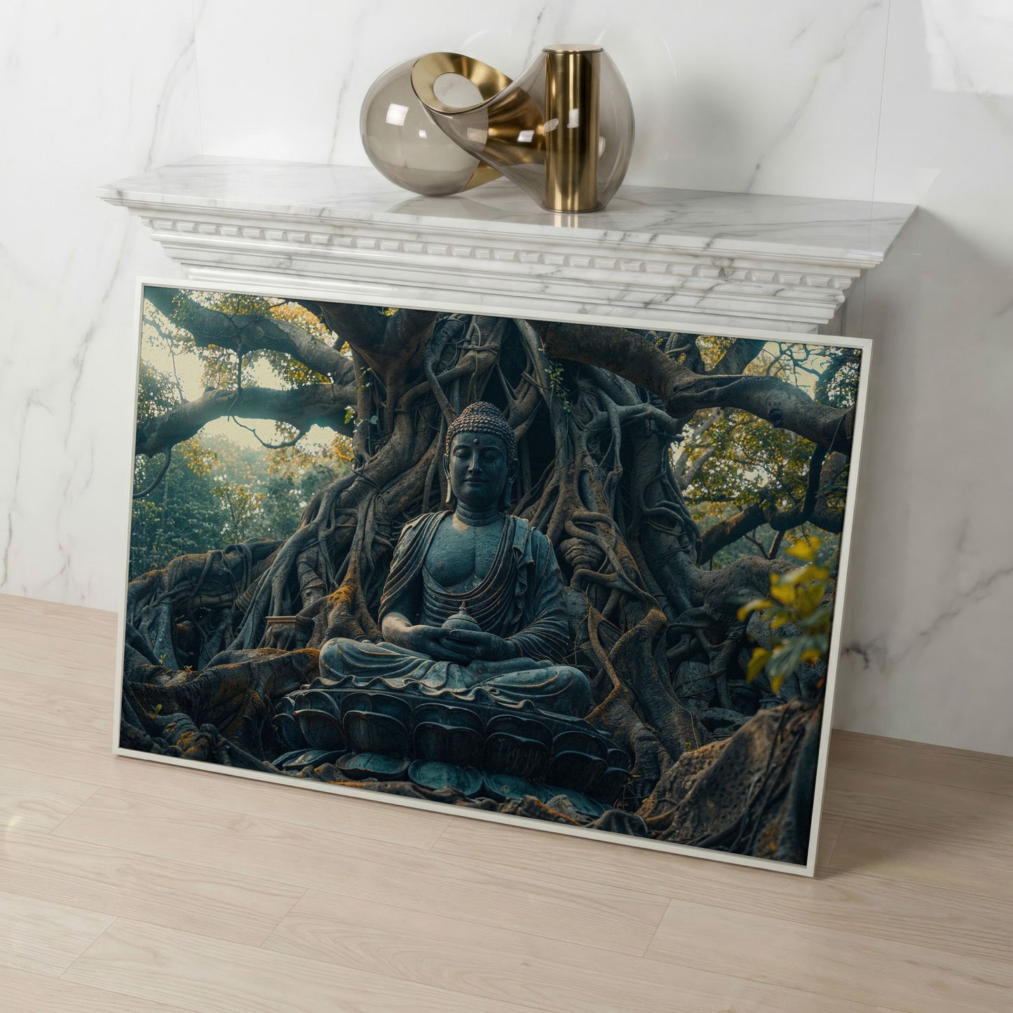 Buddha Statue Among Ancient Roots Canvas in white floating frame