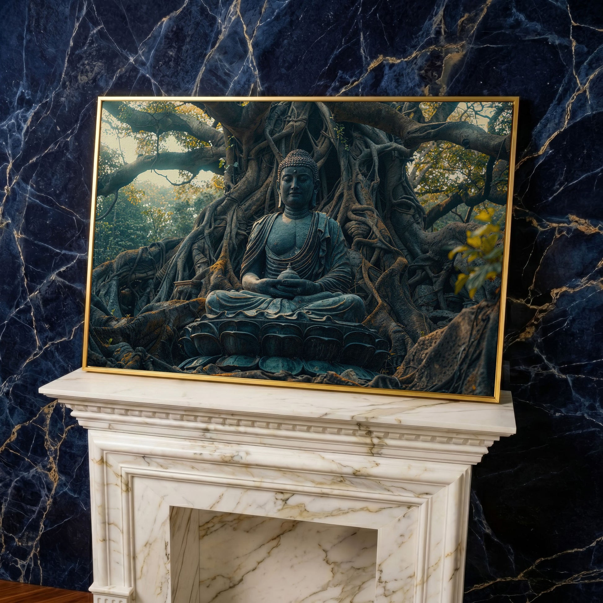 Buddha Statue Among Ancient Roots Canvas in yellow gold floating frame