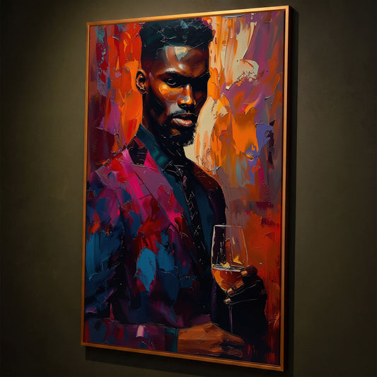 Vibrant Gentleman with Wine Glass Canvas shown in antique gold floating frame