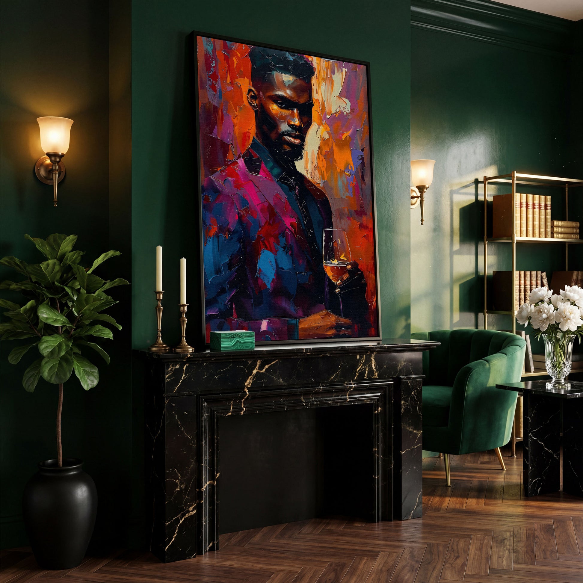 Vibrant Gentleman with Wine Glass Canvas in black floating frame