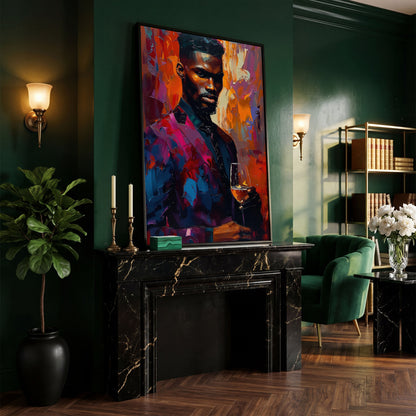 Vibrant Gentleman with Wine Glass Canvas in black floating frame