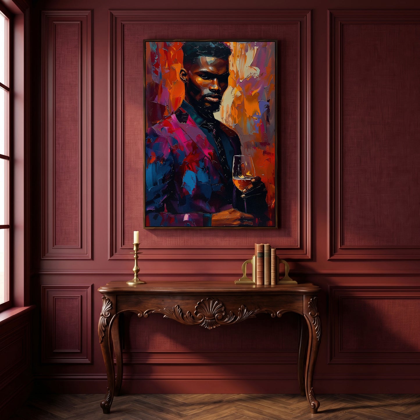 Vibrant Gentleman with Wine Glass Canvas in dark walnut floating frame