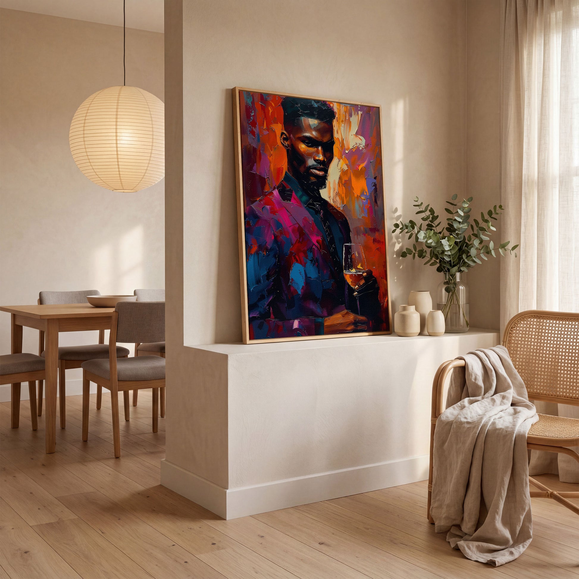 Vibrant Gentleman with Wine Glass Canvas in white oak floating frame