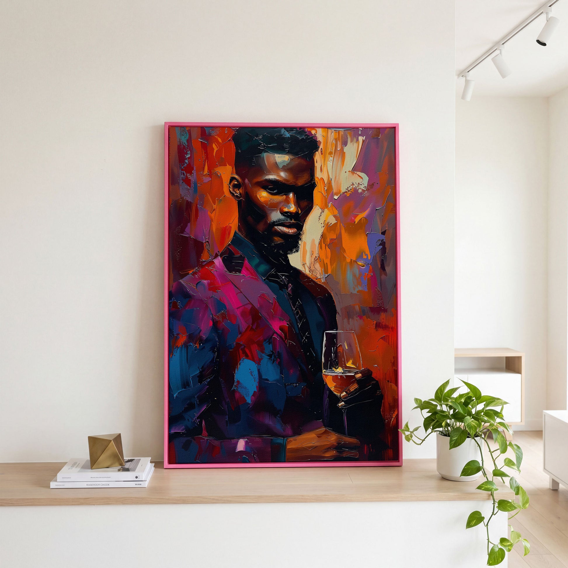 Vibrant Gentleman with Wine Glass Canvas in pink floating frame