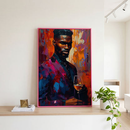 Vibrant Gentleman with Wine Glass Canvas in pink floating frame