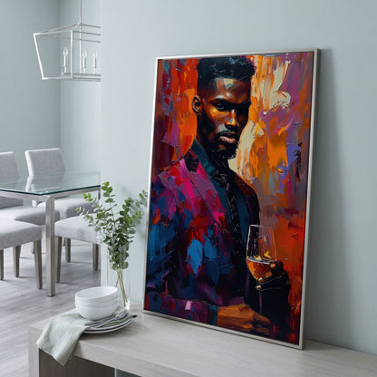 Vibrant Gentleman with Wine Glass Canvas in silver floating frame