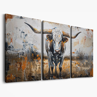 Longhorn Cow Spotted Canvas Print as 3-panel split version