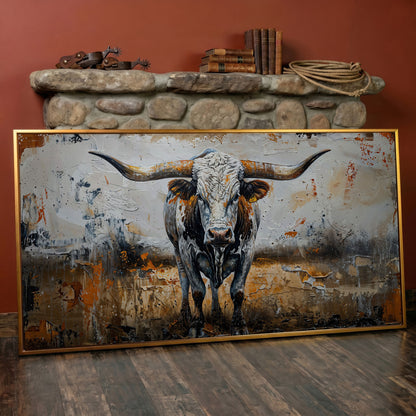 Longhorn Cow Spotted Canvas Print in antique gold floating frame