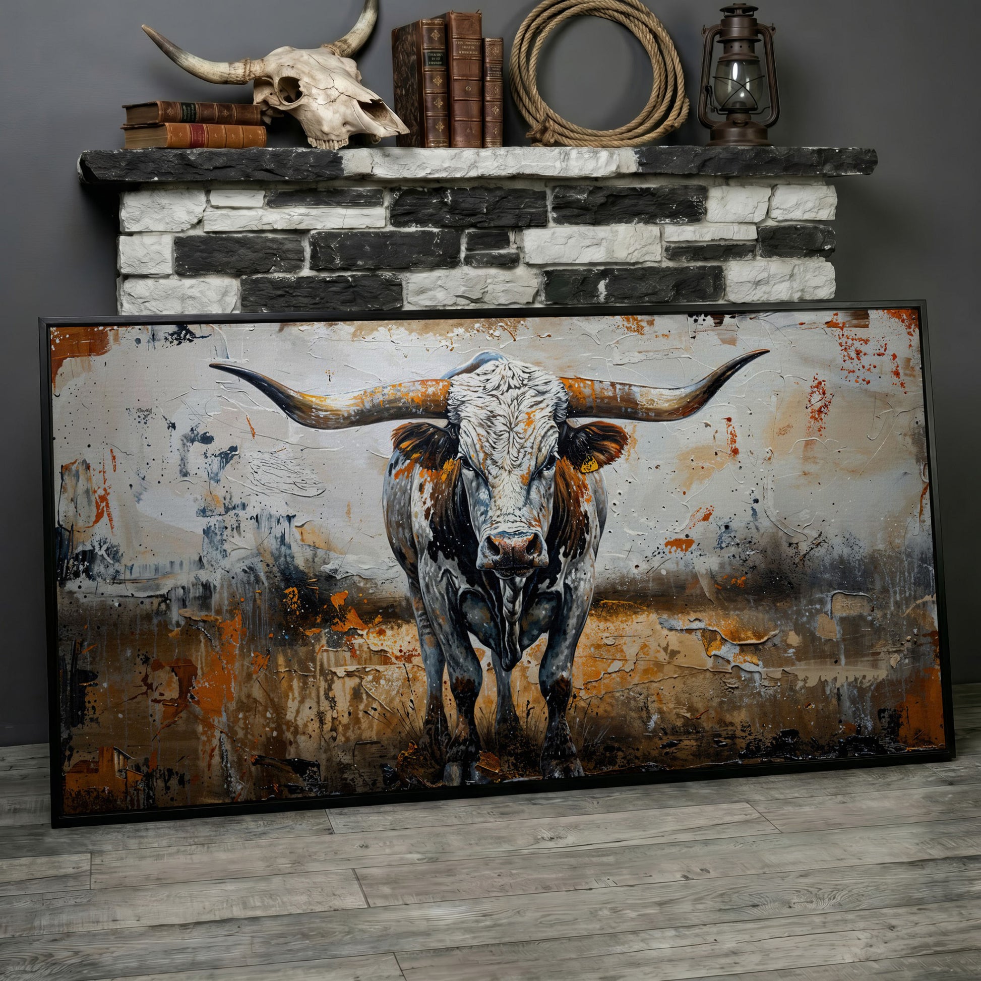 Longhorn Cow Spotted Canvas Print in black floating frame