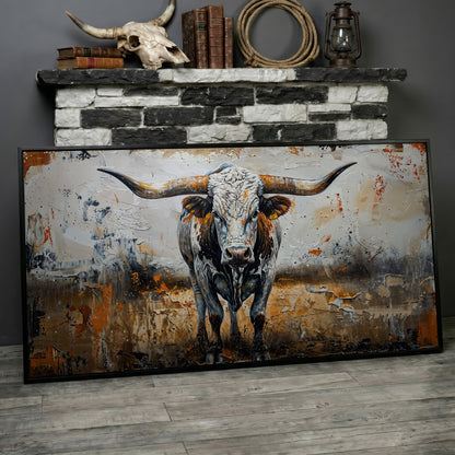 Longhorn Cow Spotted Canvas Print in black floating frame