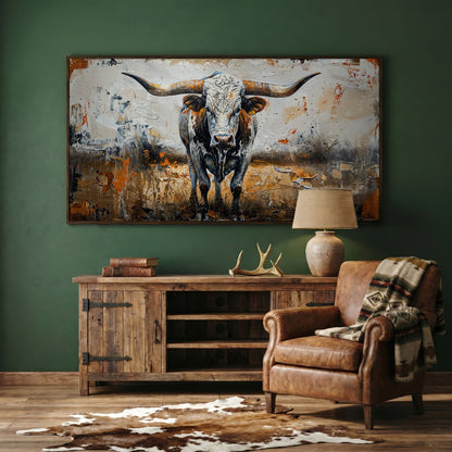 Longhorn Cow Spotted Canvas Print in dark walnut floating frame
