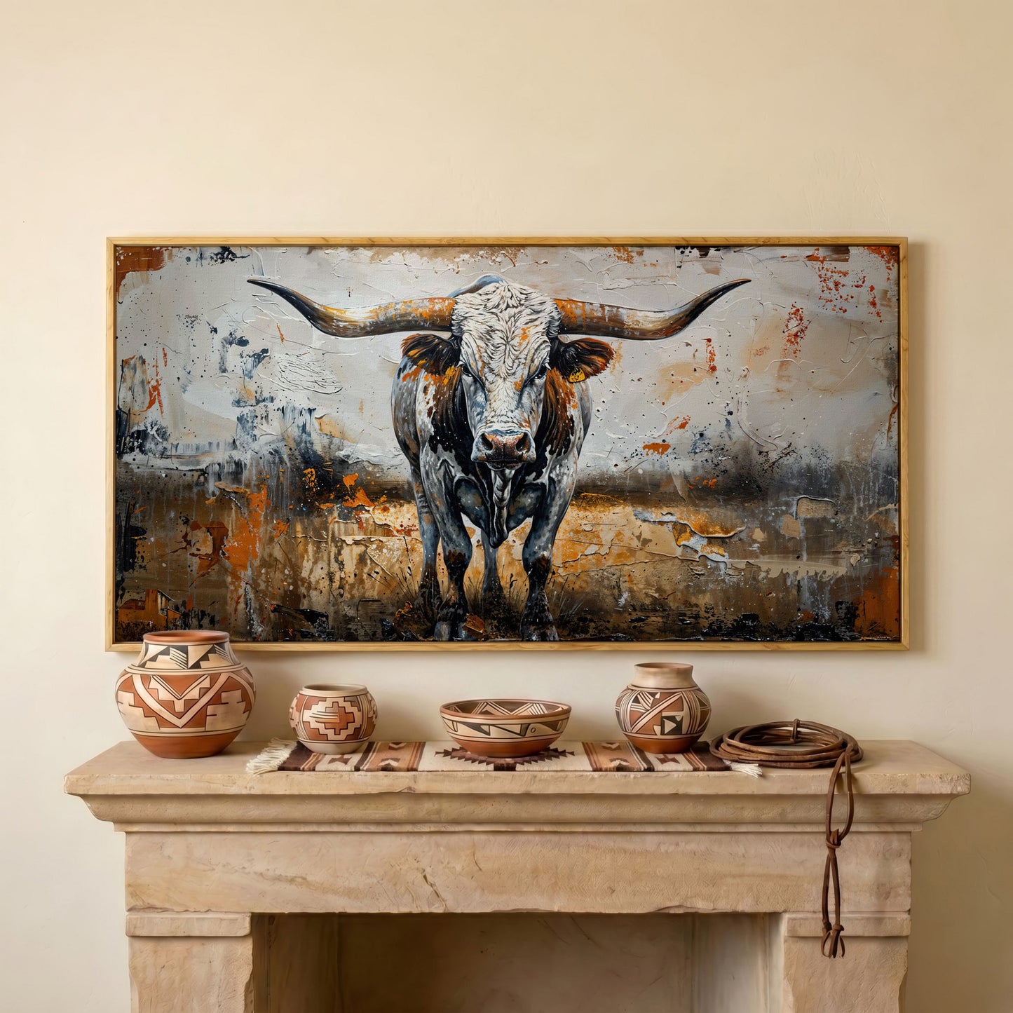 Longhorn Cow Spotted Canvas Print in white oak floating frame