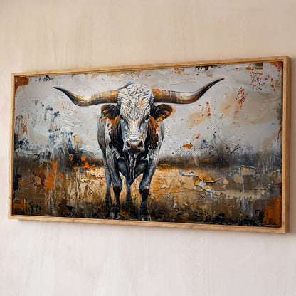 Longhorn Cow Spotted Canvas Print shown in white oak floating frame
