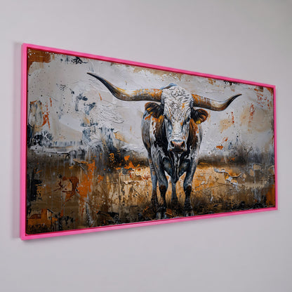 Longhorn Cow Spotted Canvas Print in pink floating frame
