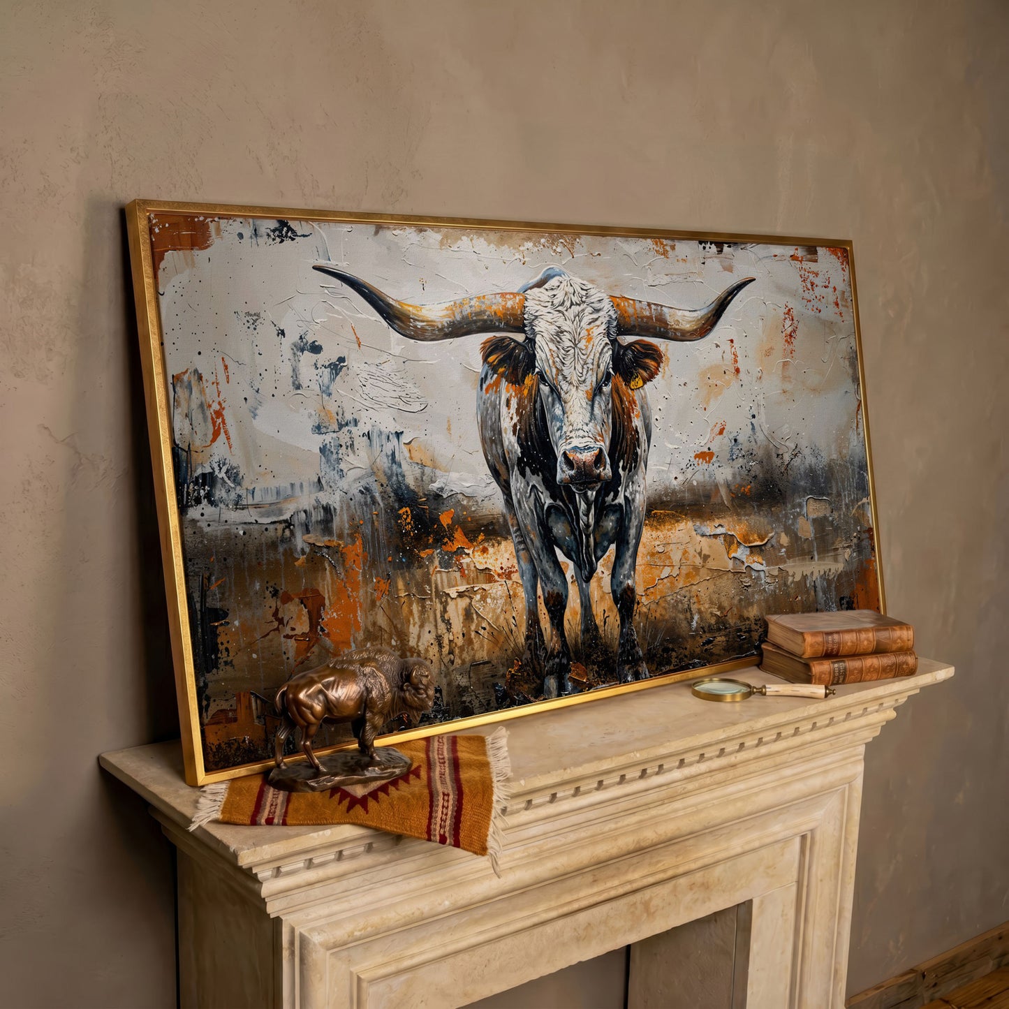 Longhorn Cow Spotted Canvas Print in rose gold floating frame