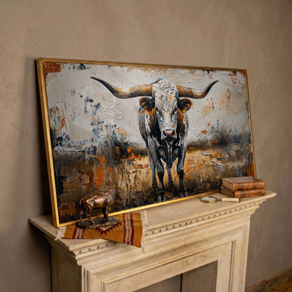 Longhorn Cow Spotted Canvas Print in rose gold floating frame