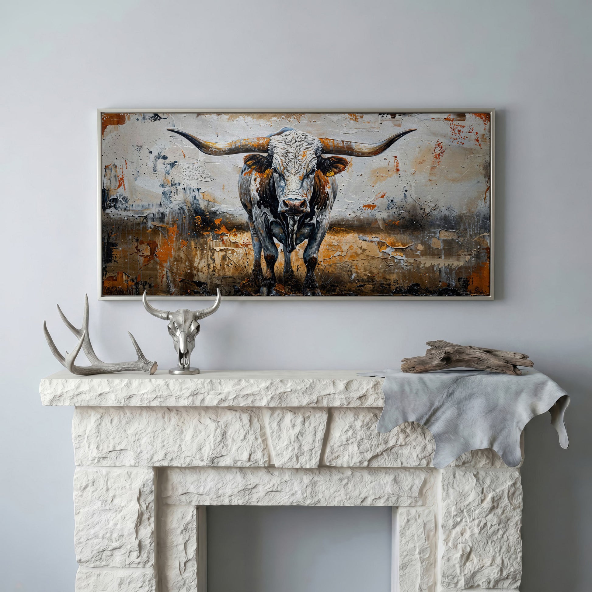 Longhorn Cow Spotted Canvas Print in silver floating frame