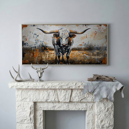 Longhorn Cow Spotted Canvas Print in silver floating frame