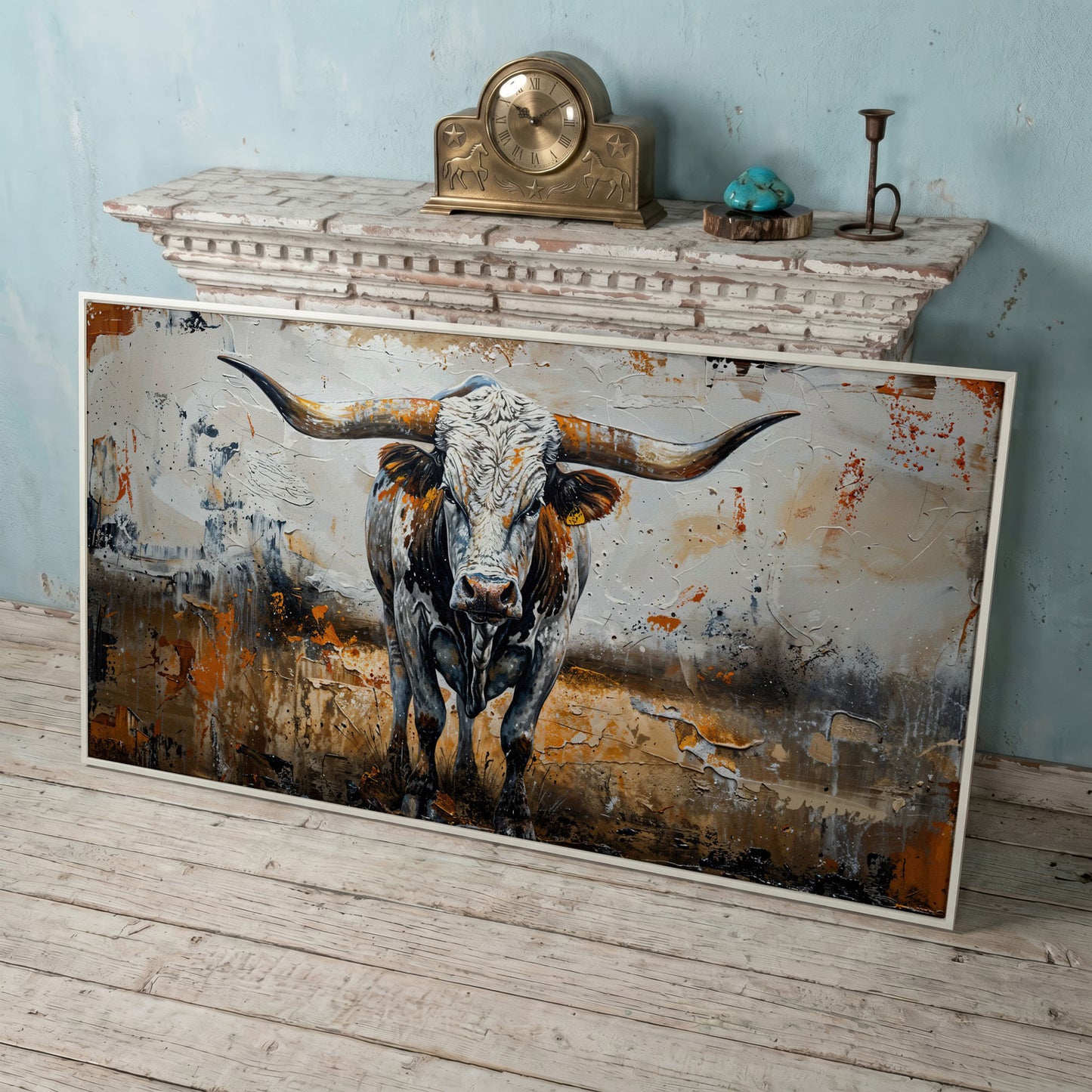 Longhorn Cow Spotted Canvas Print in white floating frame