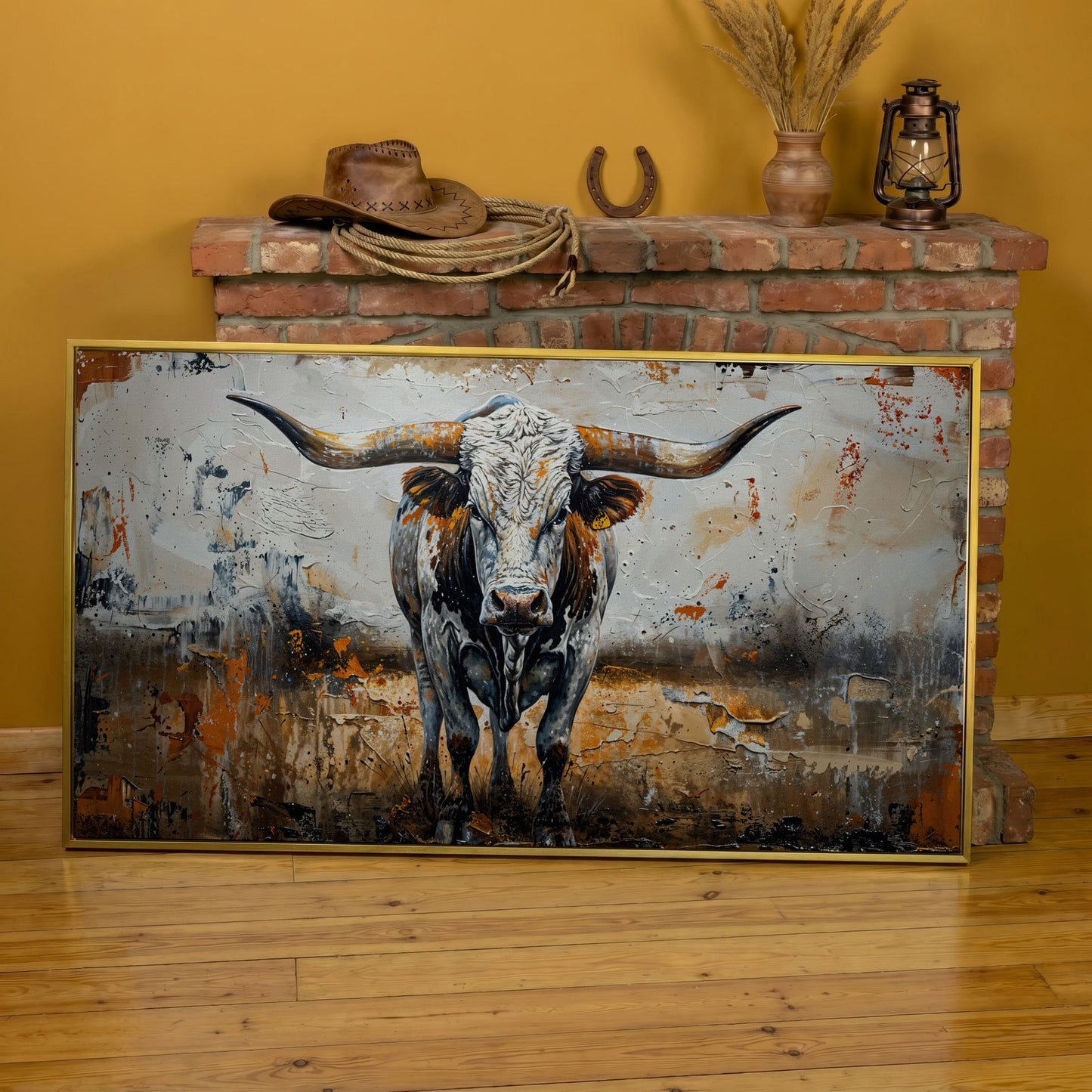 Longhorn Cow Spotted Canvas Print in yellow gold floating frame