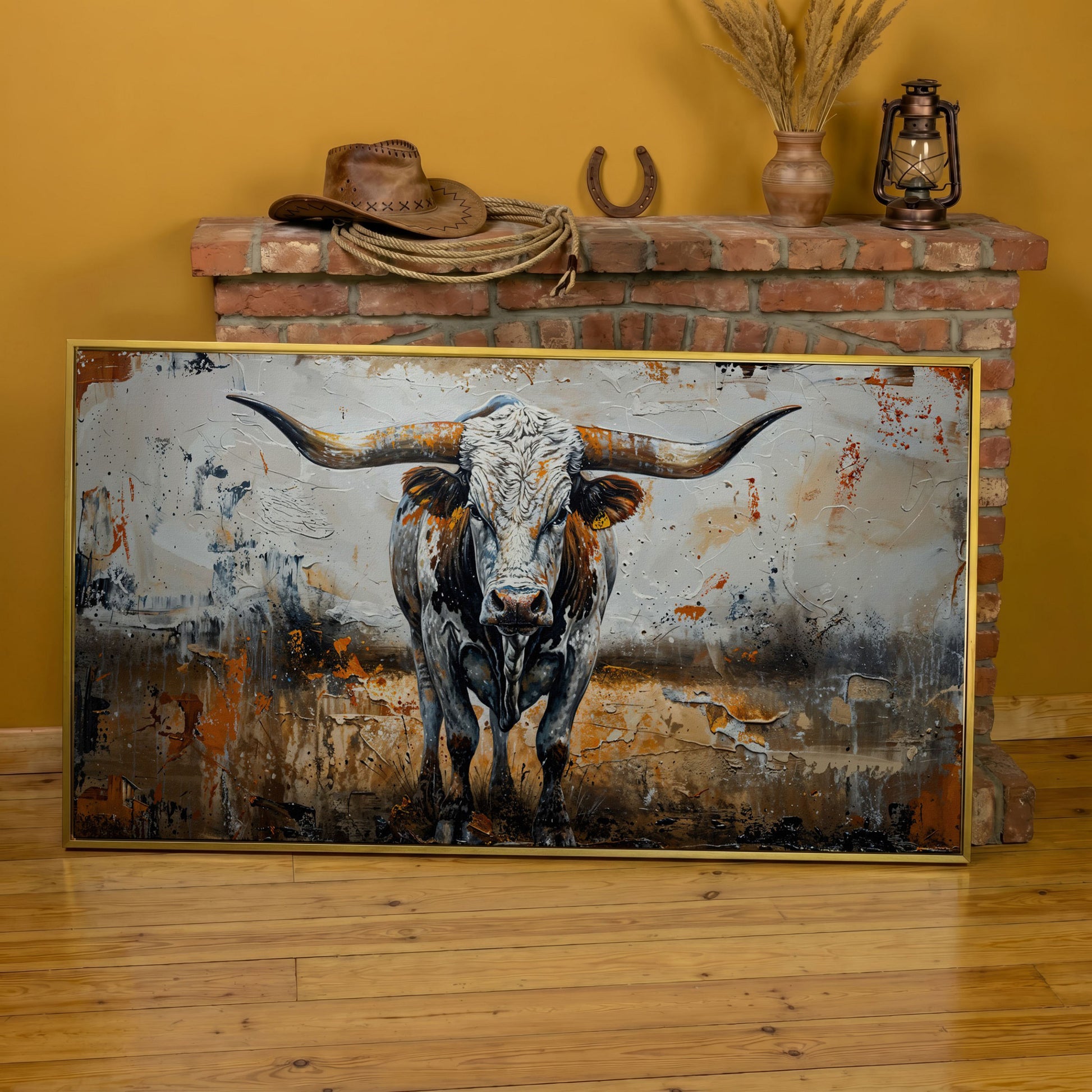 Longhorn Cow Spotted Canvas Print in yellow gold floating frame