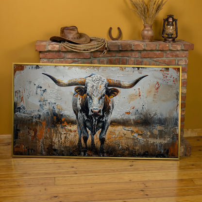 Longhorn Cow Spotted Canvas Print in yellow gold floating frame