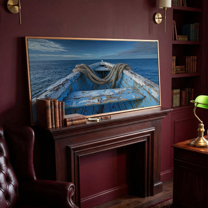 Old Boat on Calm Waters Canvas Art in antique gold floating frame
