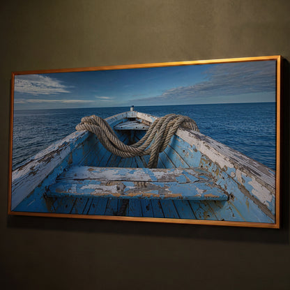Old Boat on Calm Waters Canvas Art shown in antique gold floating frame