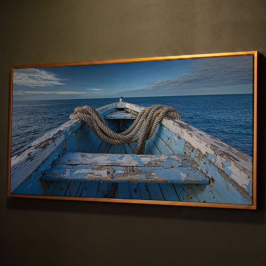 Old Boat on Calm Waters Canvas Art shown in antique gold floating frame