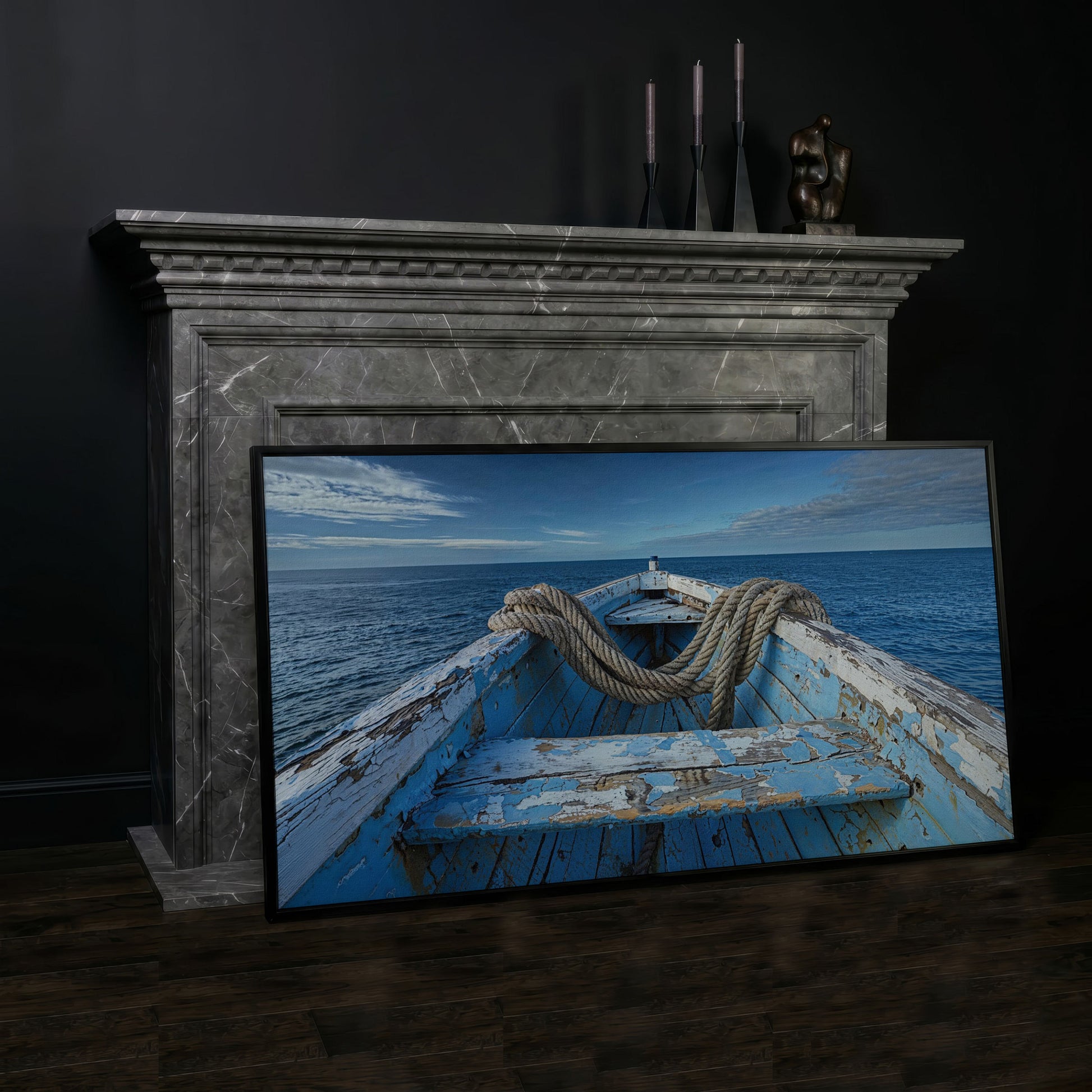 Old Boat on Calm Waters Canvas Art in black floating frame