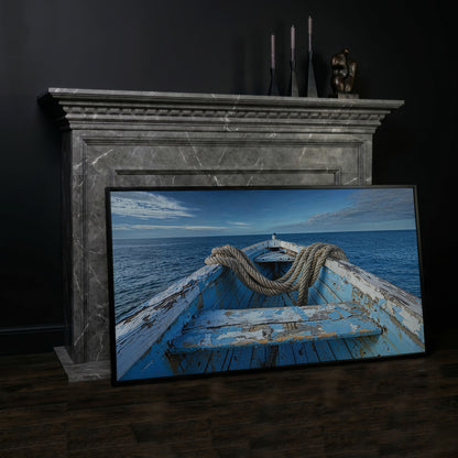 Old Boat on Calm Waters Canvas Art in black floating frame