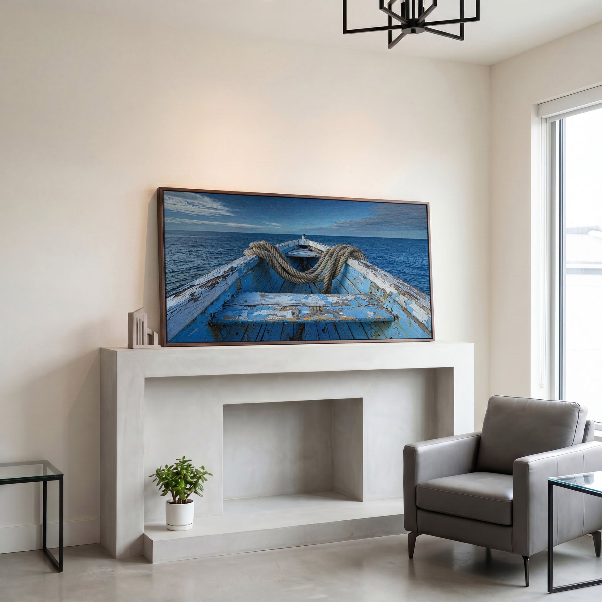 Old Boat on Calm Waters Canvas Art in dark walnut floating frame