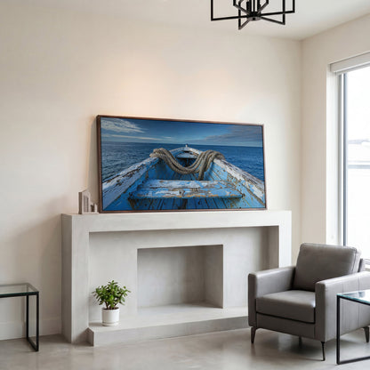 Old Boat on Calm Waters Canvas Art in dark walnut floating frame