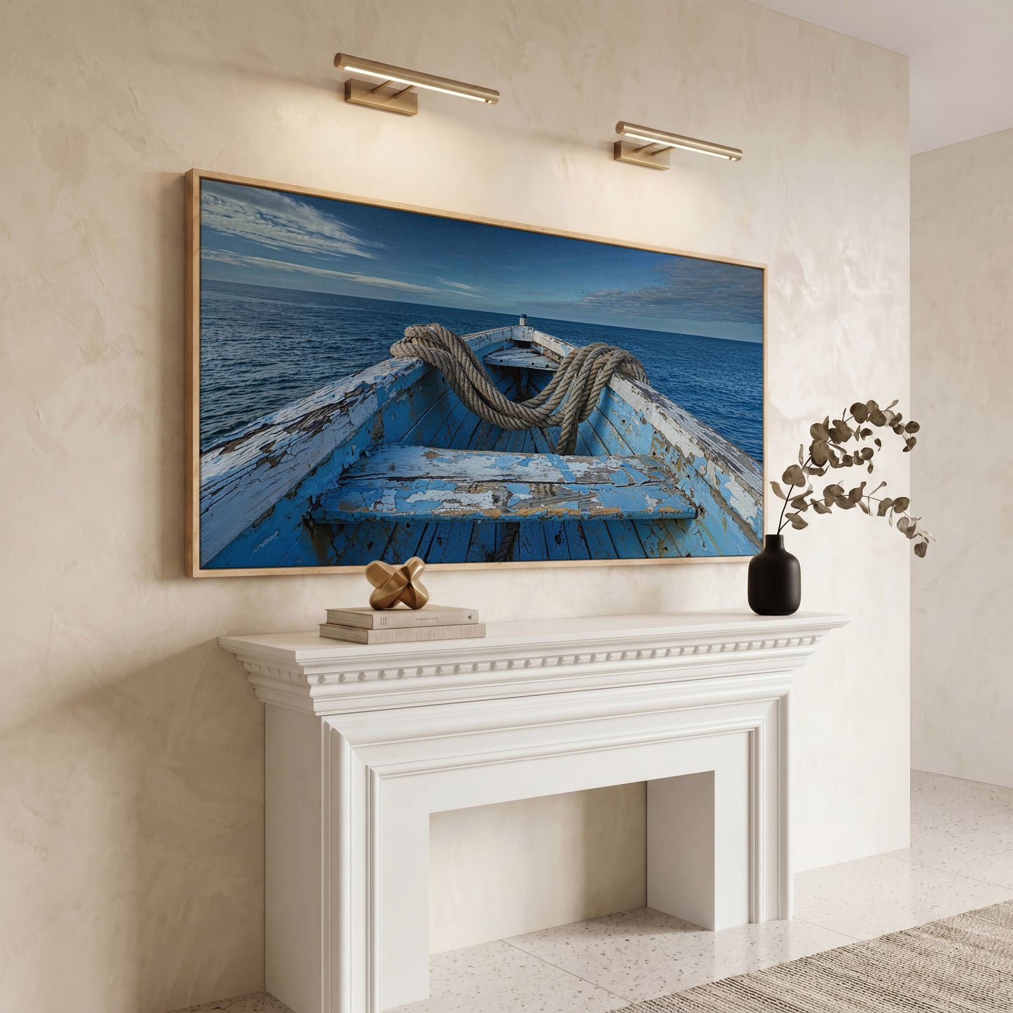 Old Boat on Calm Waters Canvas Art in white oak floating frame