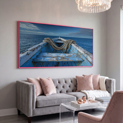 Old Boat on Calm Waters Canvas Art in pink floating frame