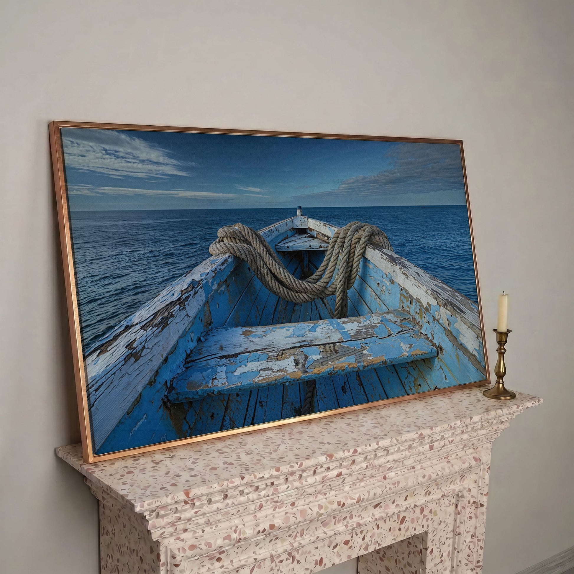 Old Boat on Calm Waters Canvas Art in rose gold floating frame