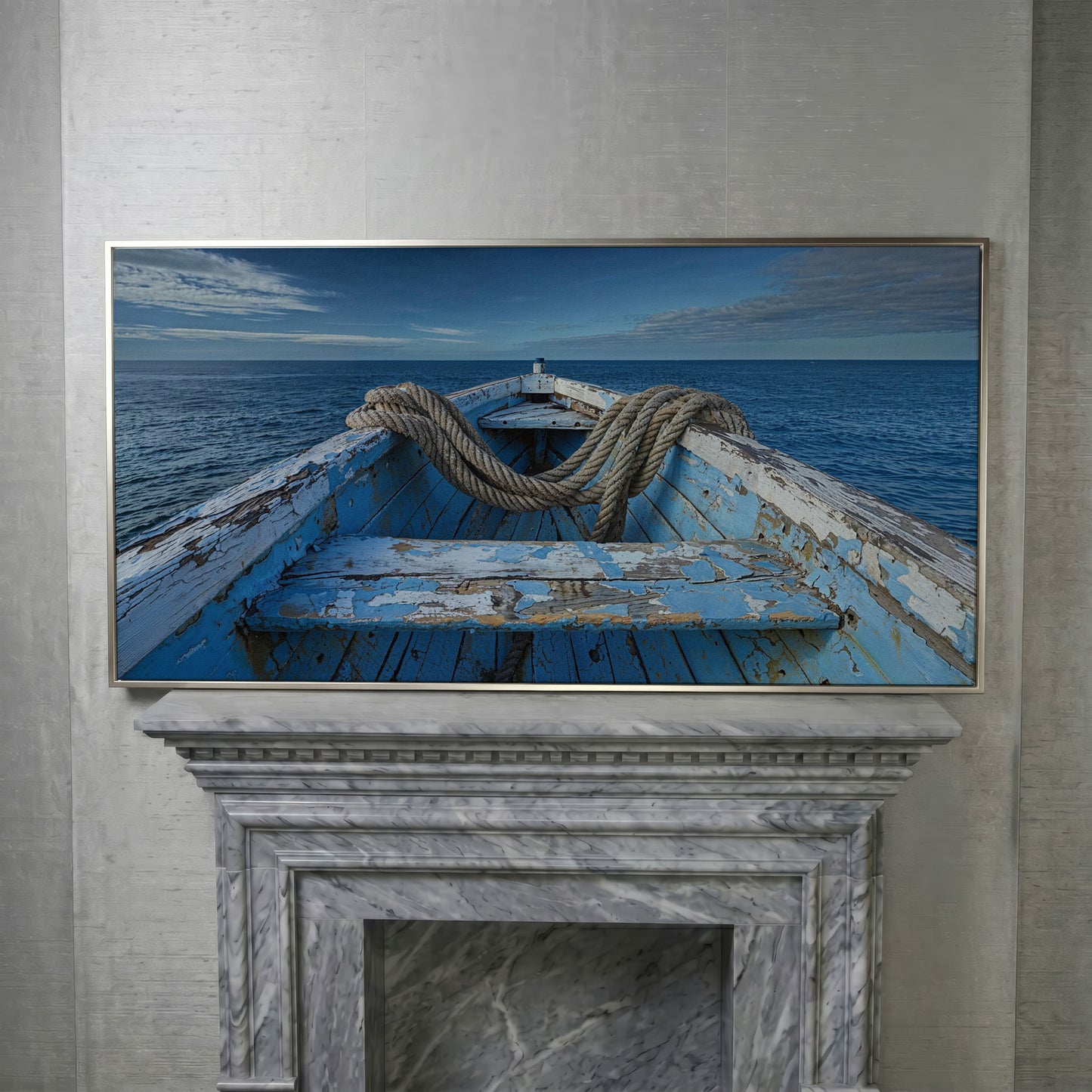 Old Boat on Calm Waters Canvas Art in silver floating frame