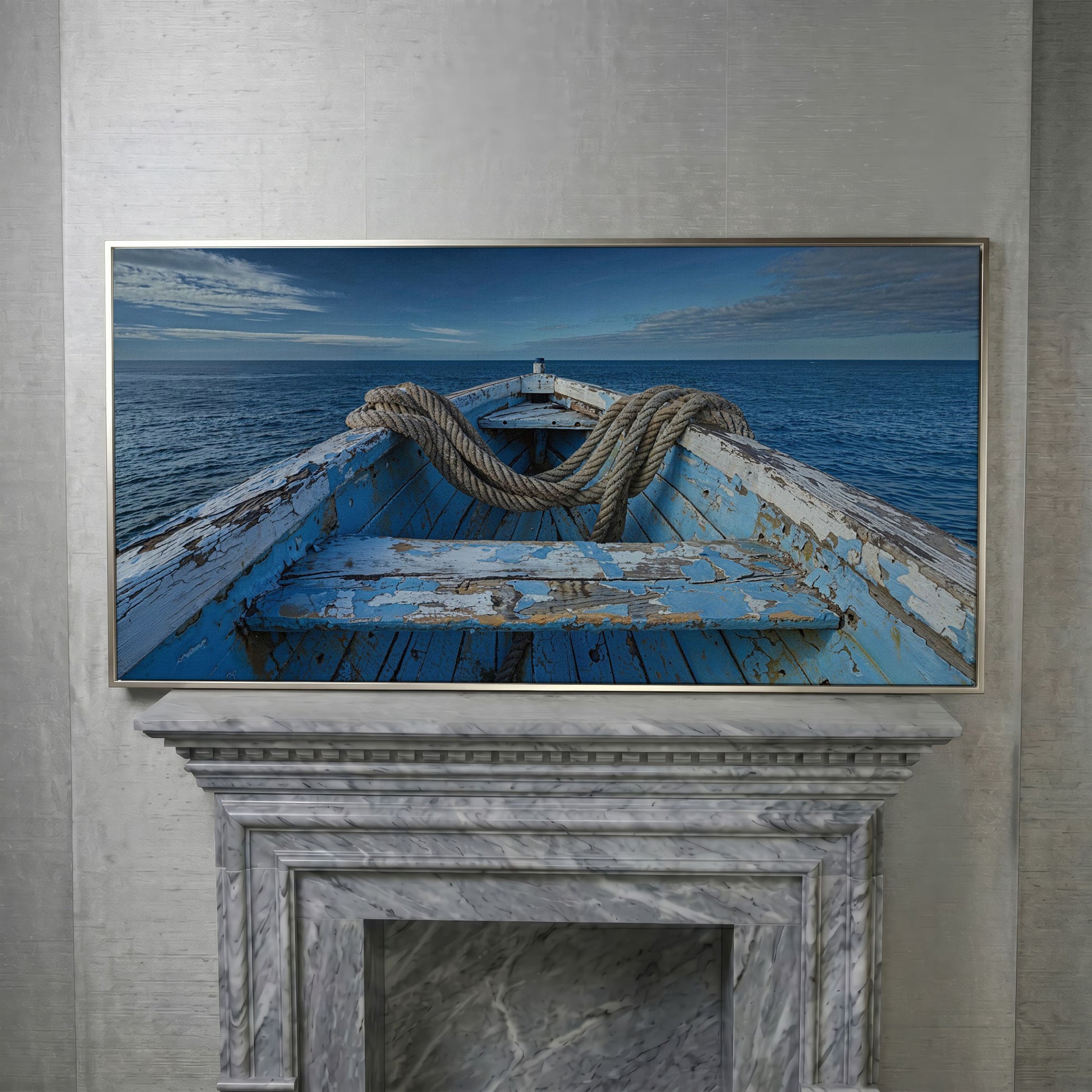 Old Boat on Calm Waters Canvas Art in silver floating frame