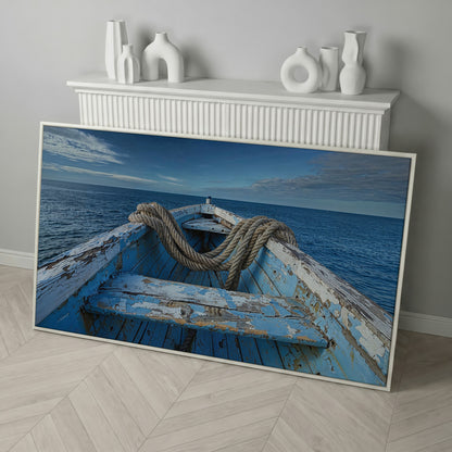 Old Boat on Calm Waters Canvas Art in white floating frame
