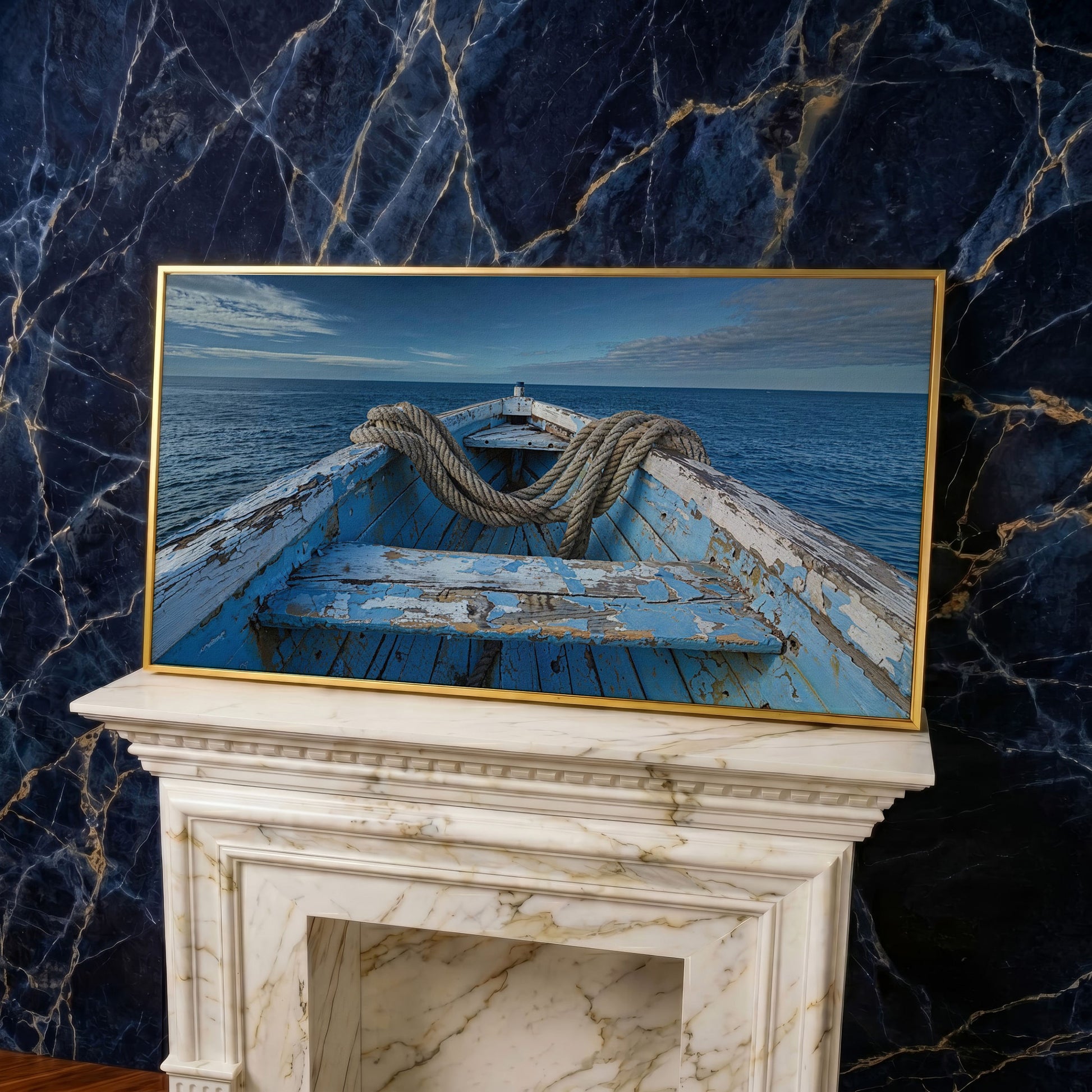 Old Boat on Calm Waters Canvas Art in yellow gold floating frame