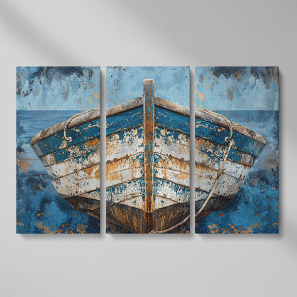 Vintage Wooden Boat Canvas as 3-panel split version