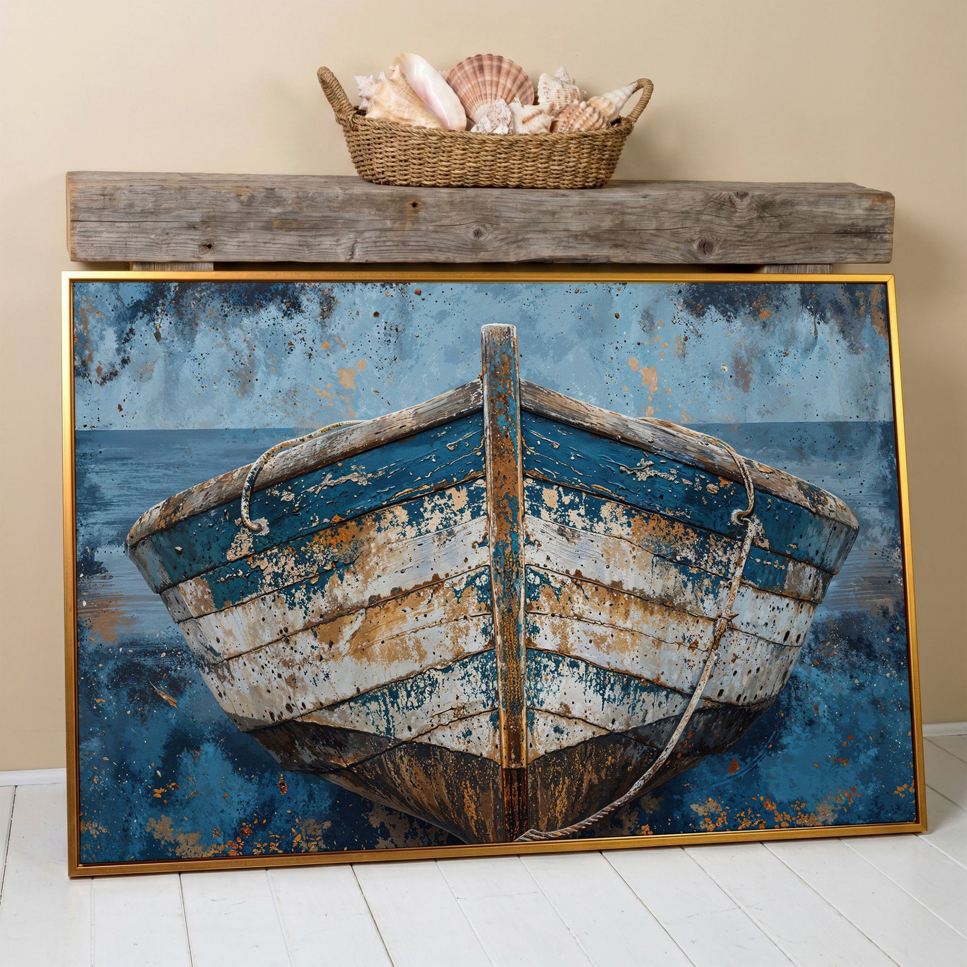 Vintage Wooden Boat Canvas in antique gold floating frame