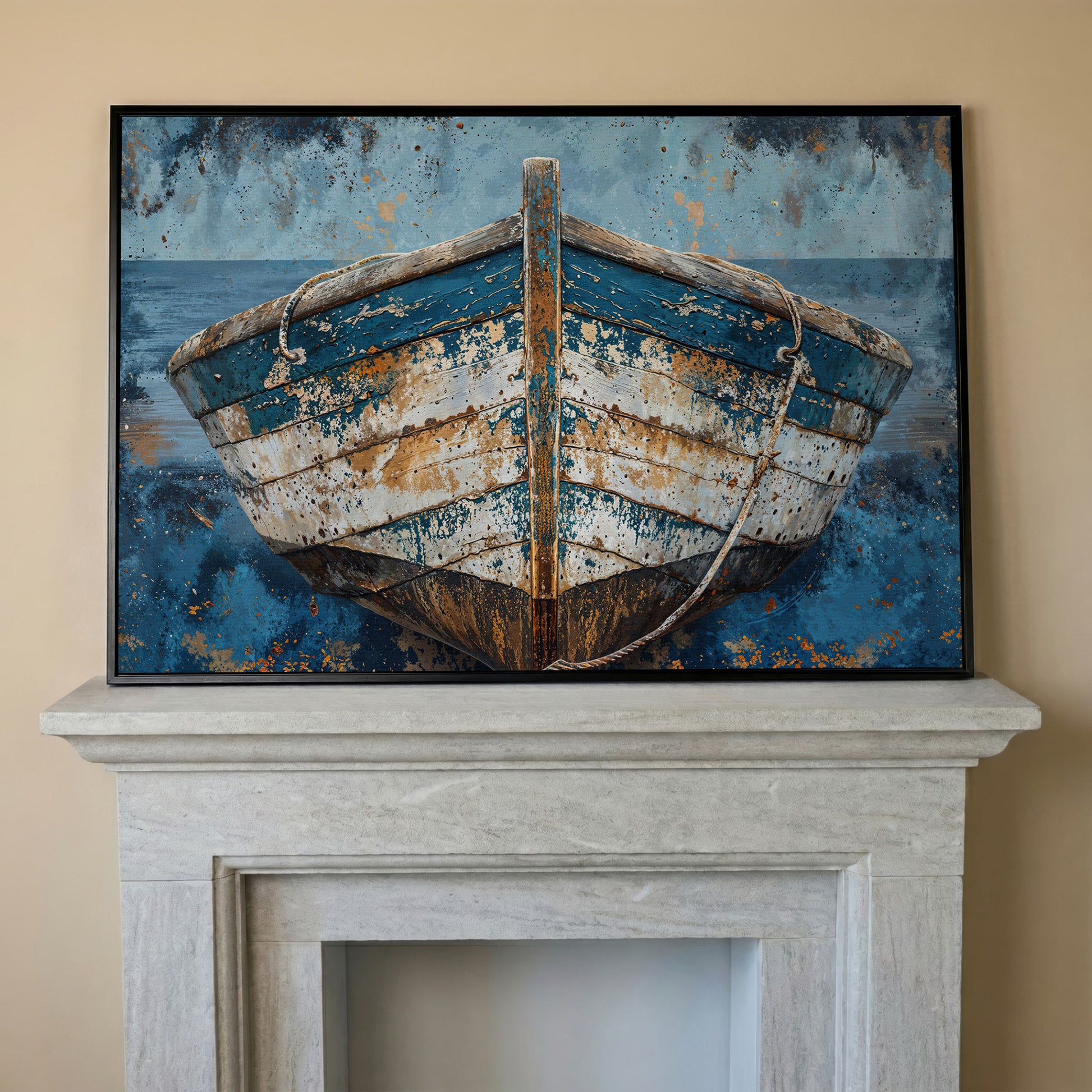 Vintage Wooden Boat Canvas in black floating frame