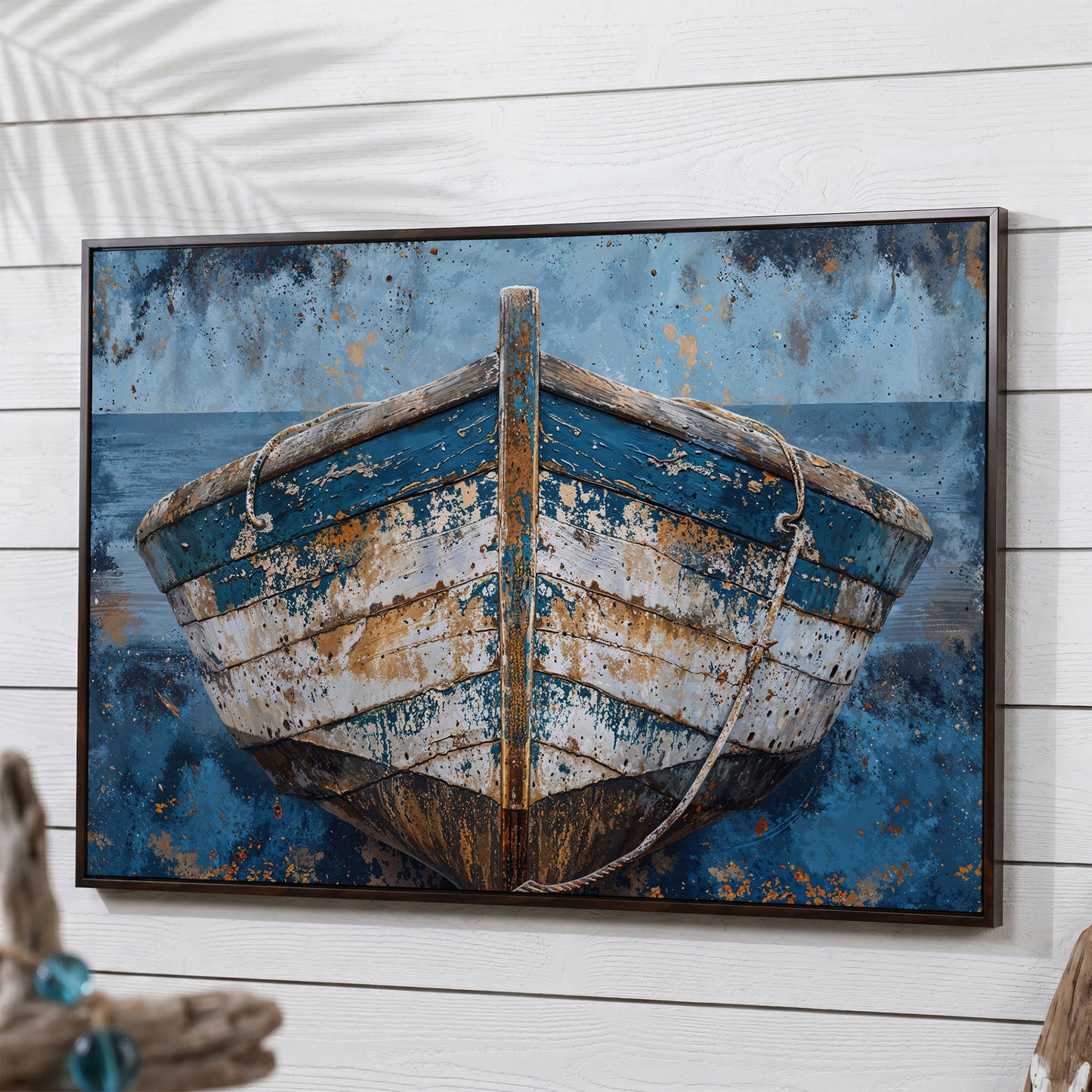 Vintage Wooden Boat Canvas in dark walnut floating frame