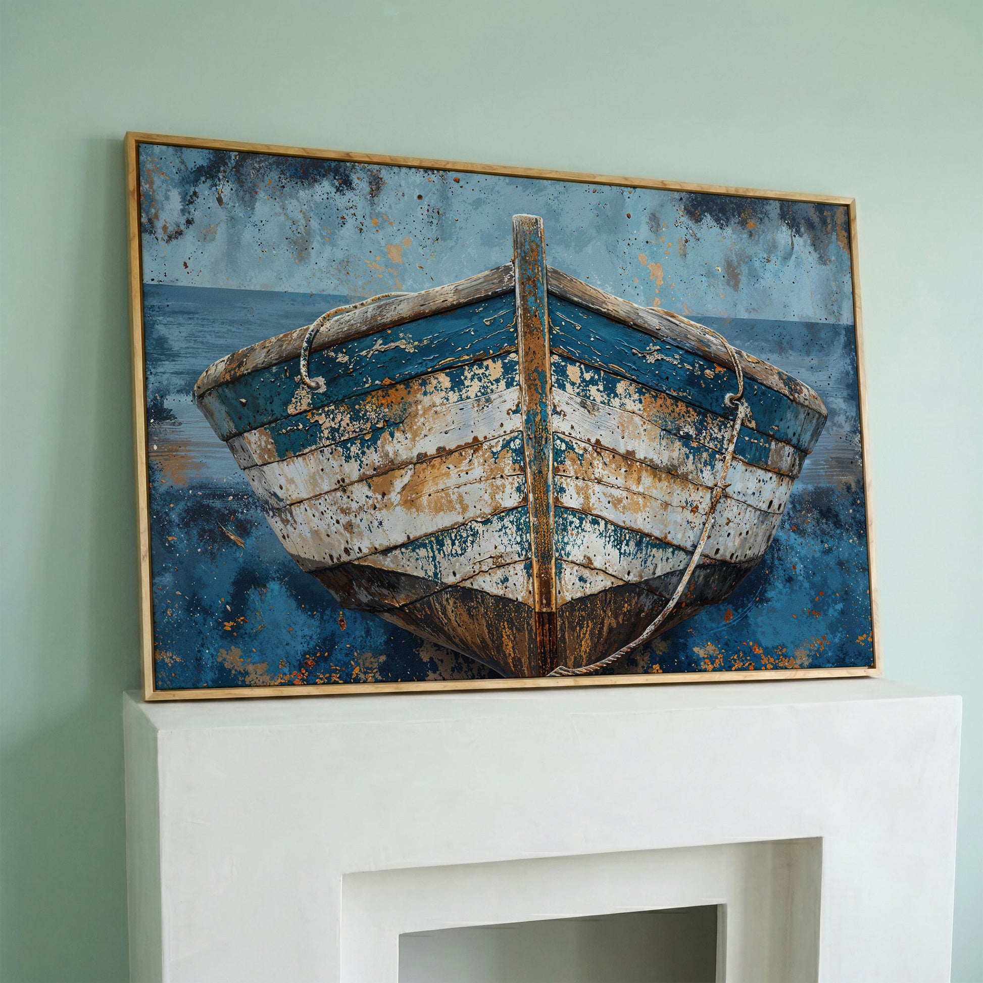 Vintage Wooden Boat Canvas in white oak floating frame