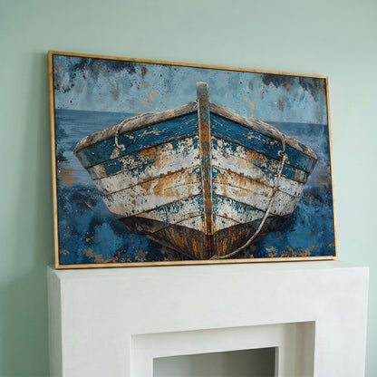 Vintage Wooden Boat Canvas in white oak floating frame