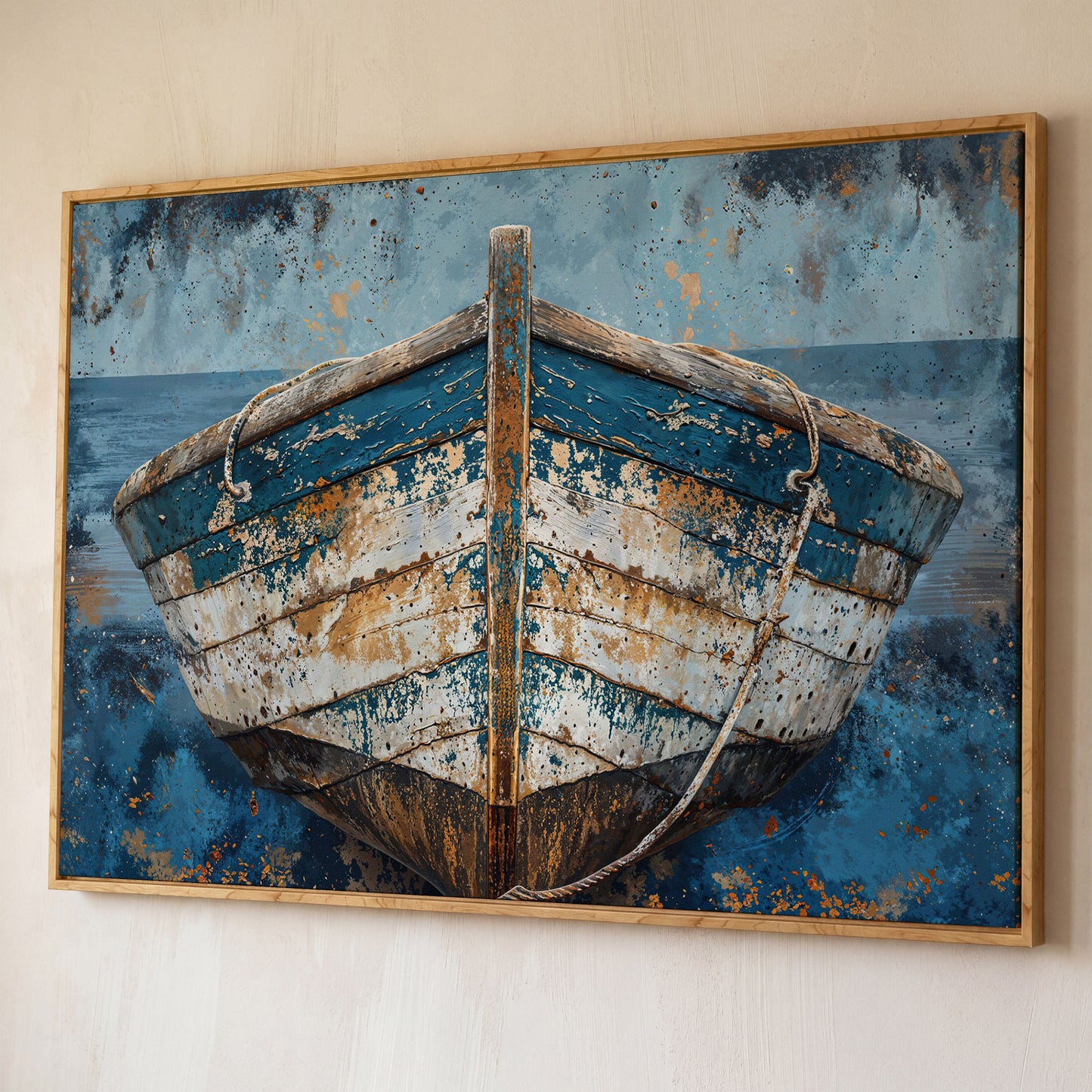 Vintage Wooden Boat Canvas shown in white oak floating frame